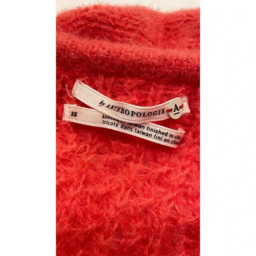 Anthropologie Ruffled Boat Neck Sweater Size XS Coral Pink Fuzzy Knit Wool Blend